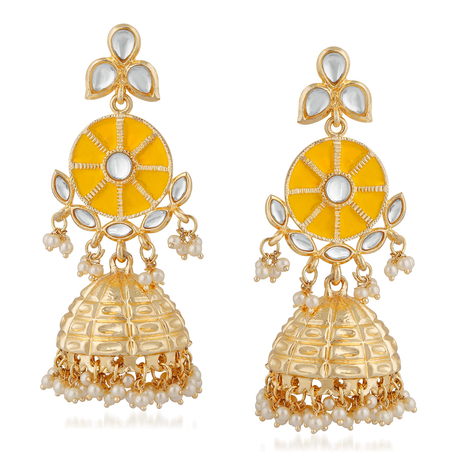 Traditional Yellow Meenakari White Kundan Jhumki Earring