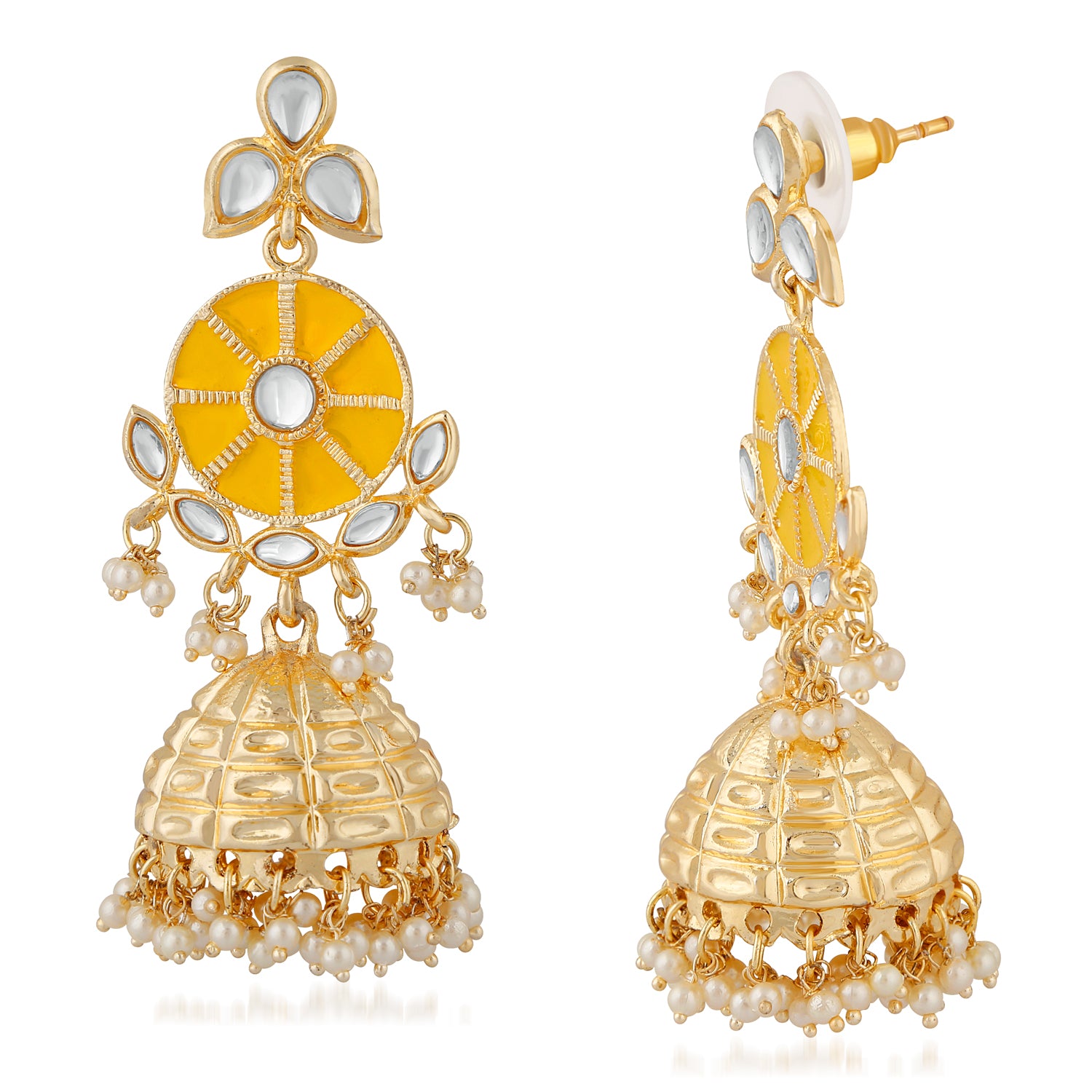 Traditional Yellow Meenakari White Kundan Jhumki Earring