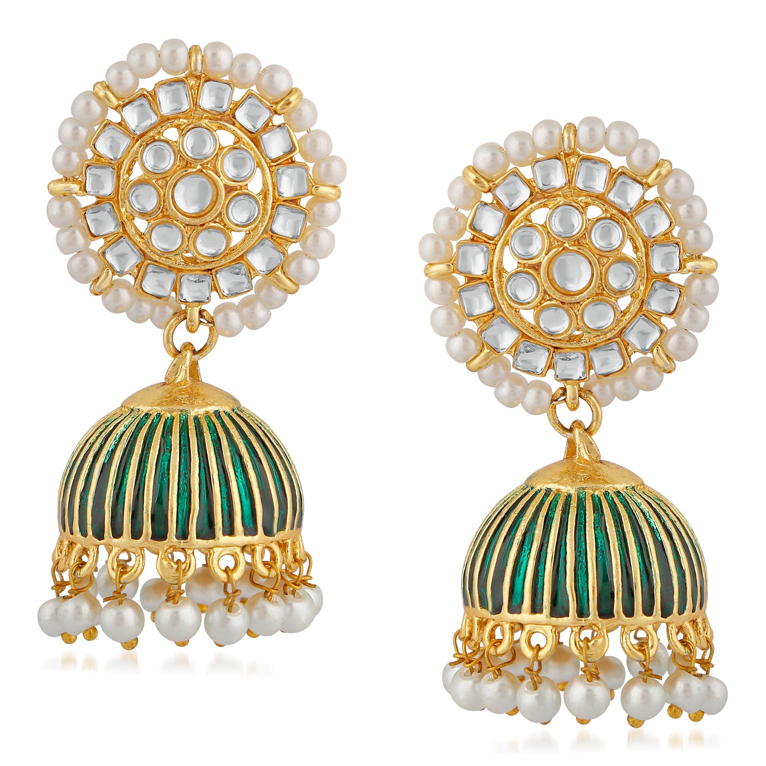 Traditional Green Meenakari White Kundan Jhumki Earring