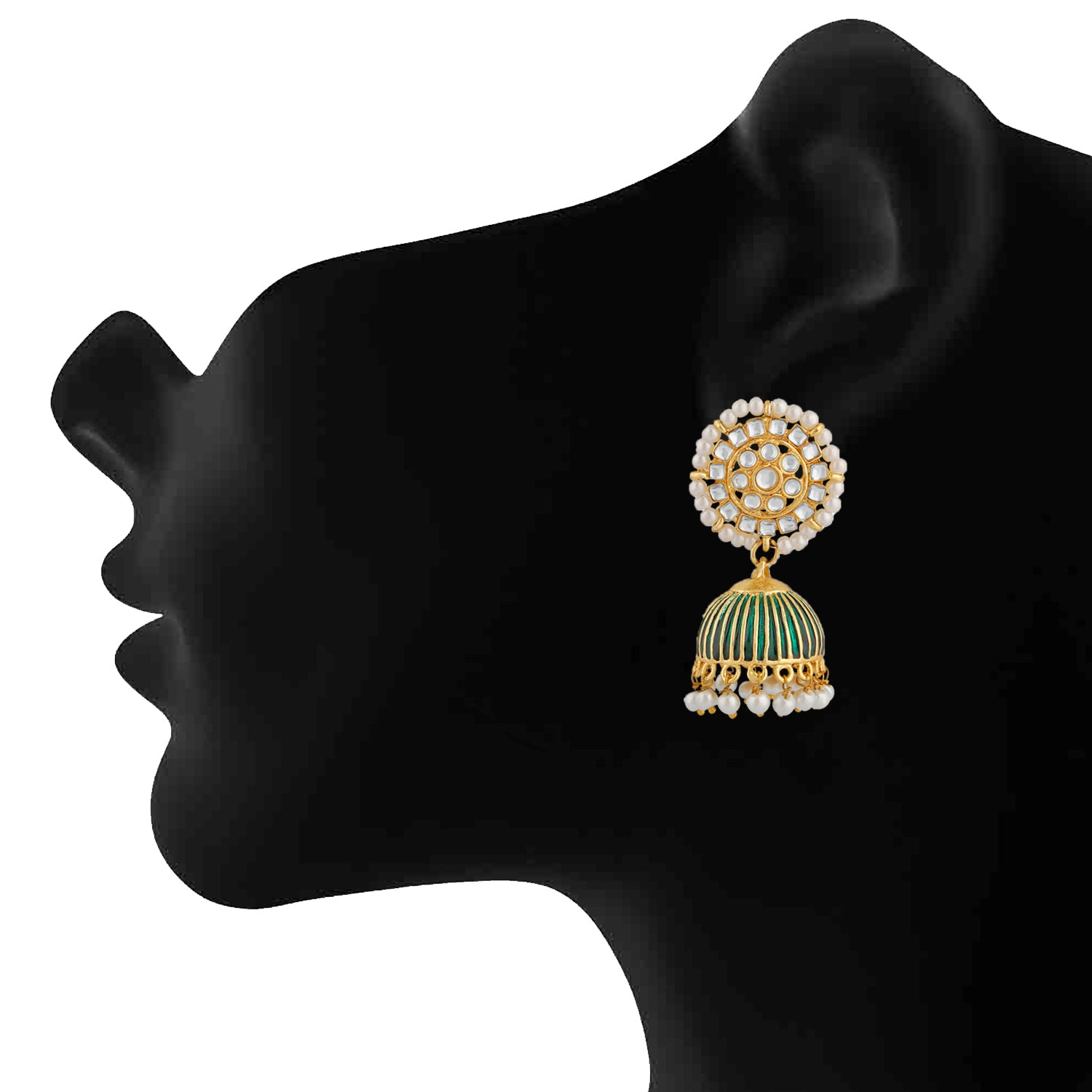 Traditional Green Meenakari White Kundan Jhumki Earring