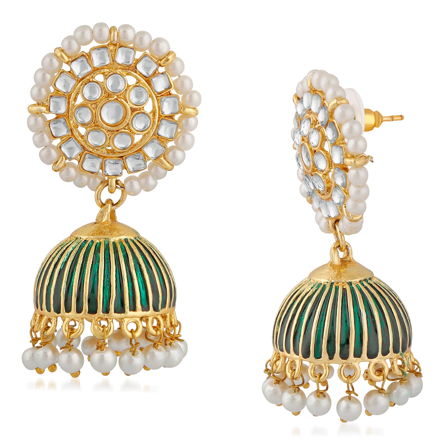 Traditional Green Meenakari White Kundan Jhumki Earring