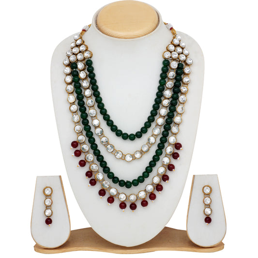 Traditional Gold Plated Maroon and Green Kundan Necklace set