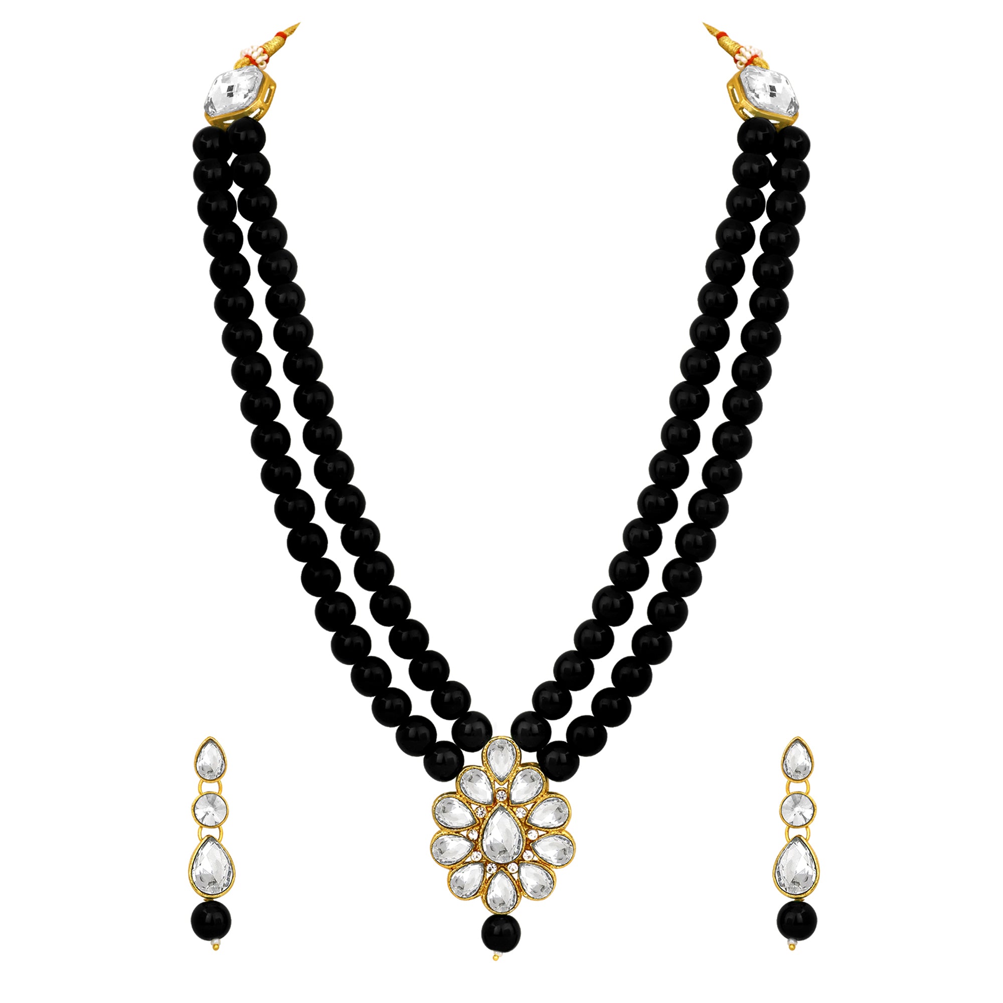 Traditional  Black Beads White Kundan Layered Floral Necklace set
