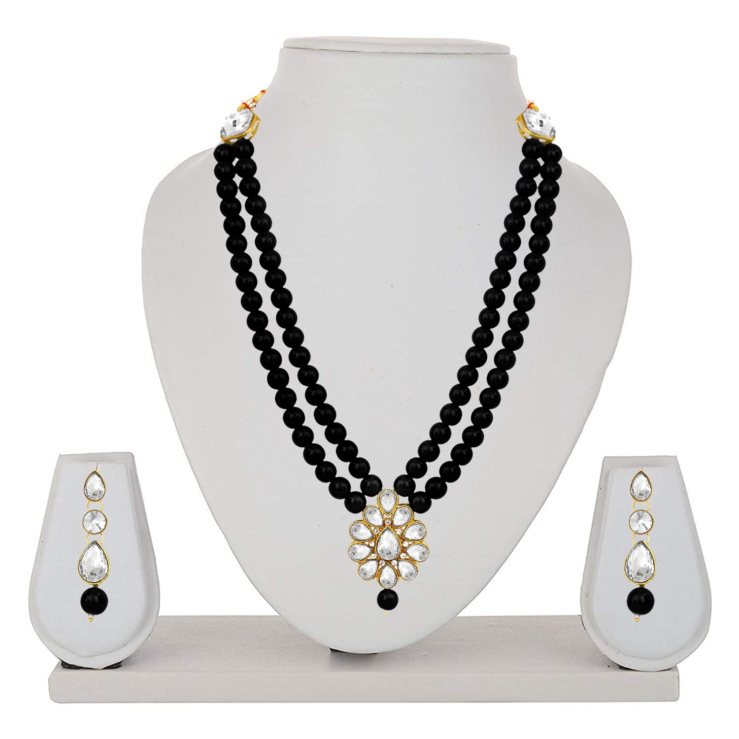 Traditional  Black Beads White Kundan Layered Floral Necklace set