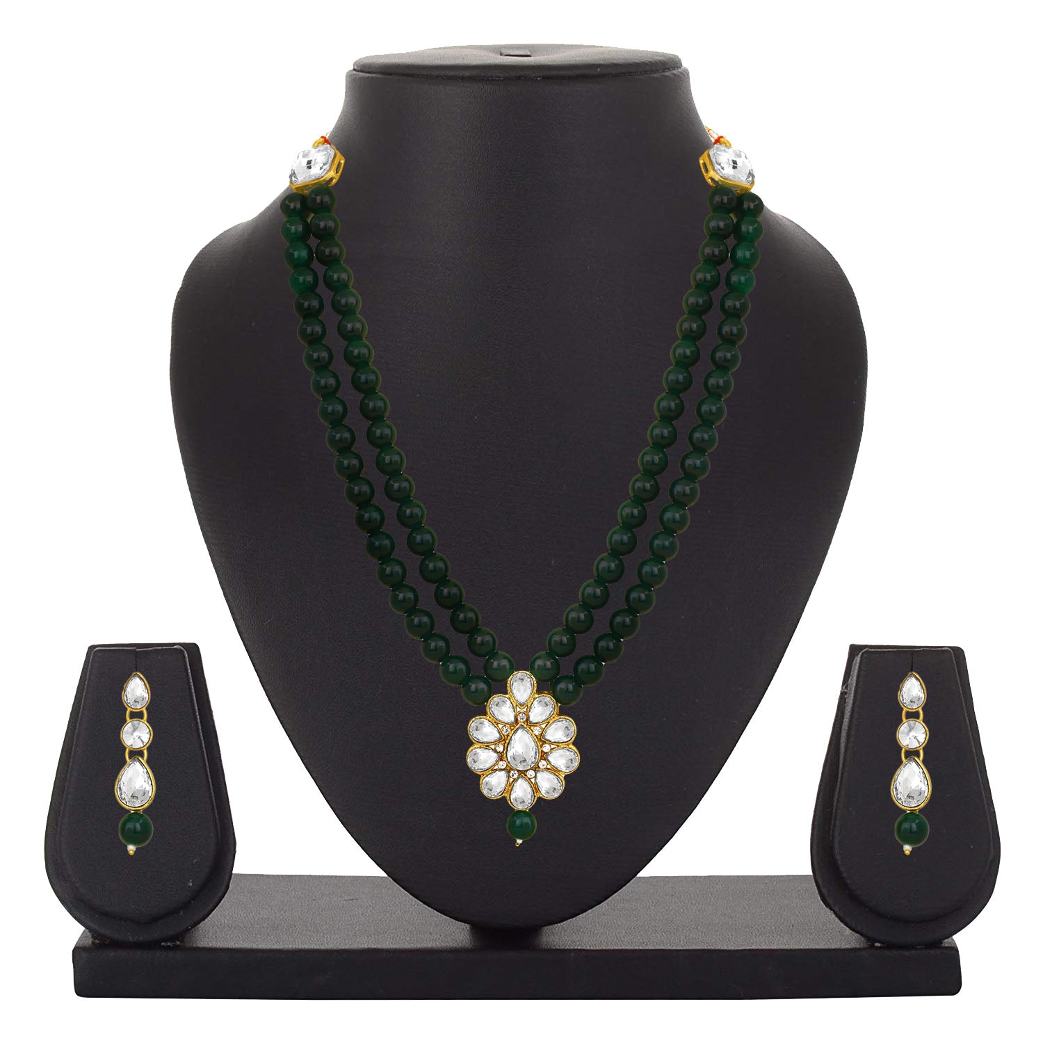Traditional  Black Beads White Kundan Layered Floral Necklace set