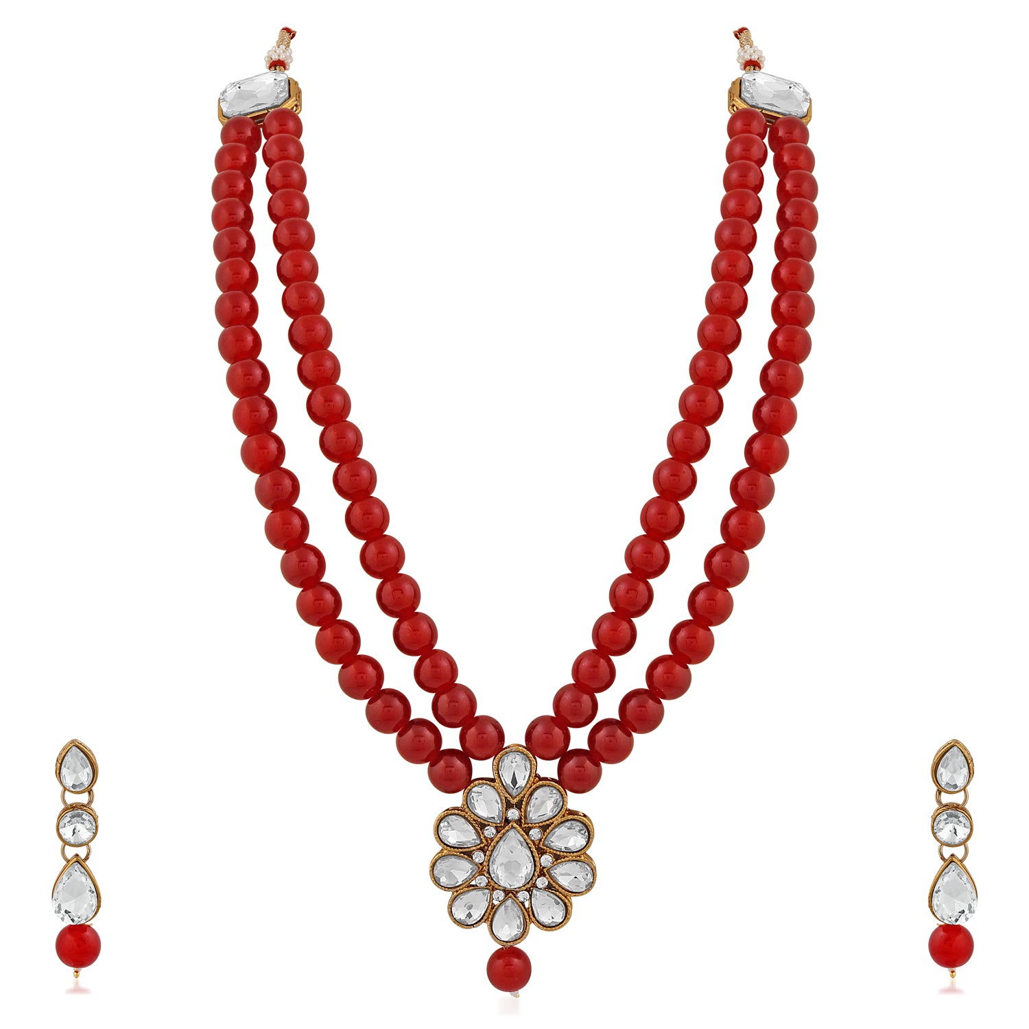 Traditional Gold Plated Red Beads with White Kundan Necklace set
