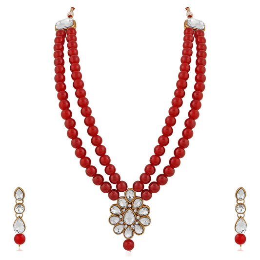 Traditional Gold Plated Red Beads with White Kundan Necklace set
