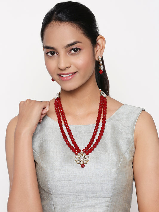 Traditional Gold Plated Red Beads with White Kundan Necklace set