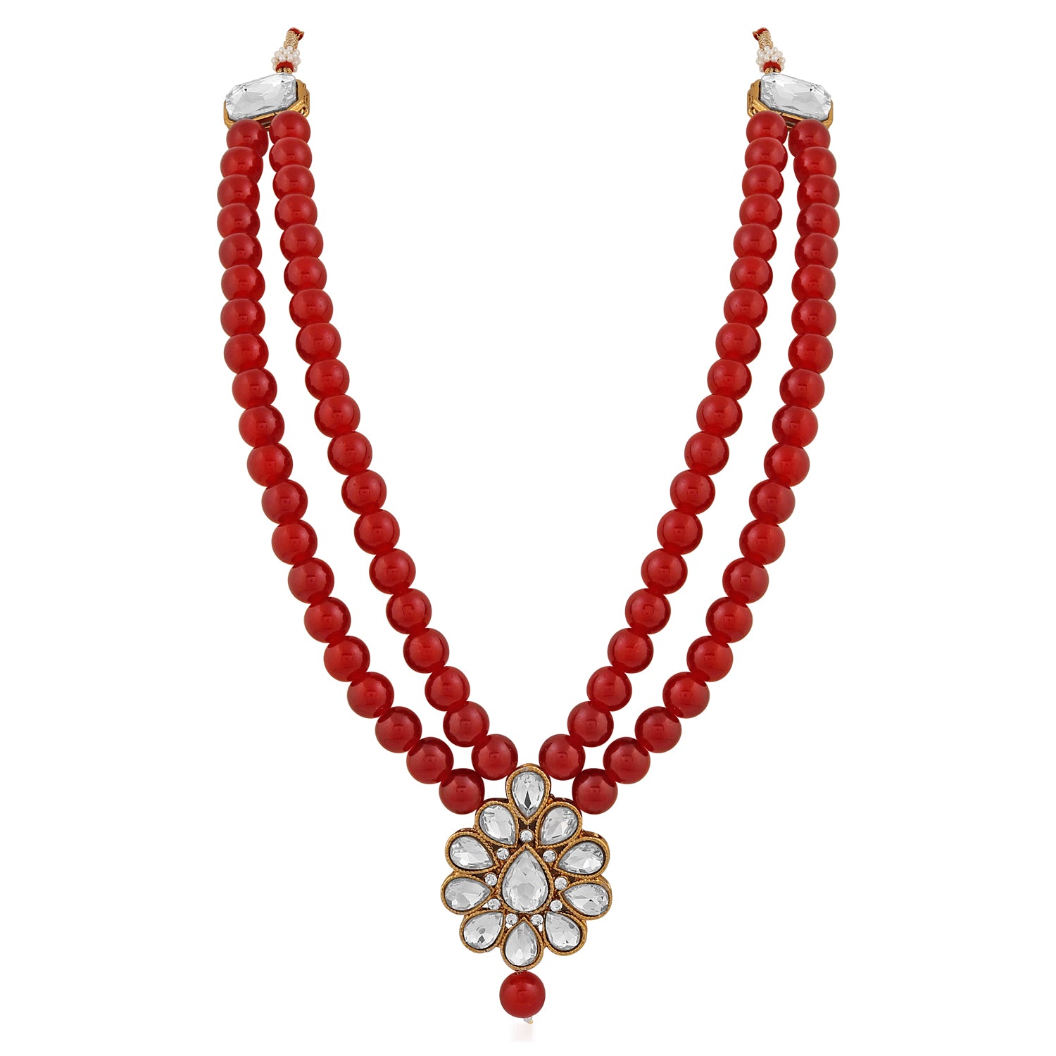 Traditional Gold Plated Red Beads with White Kundan Necklace set