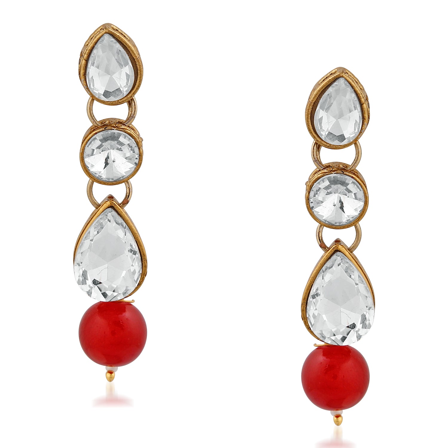 Traditional Gold Plated Red Beads with White Kundan Necklace set