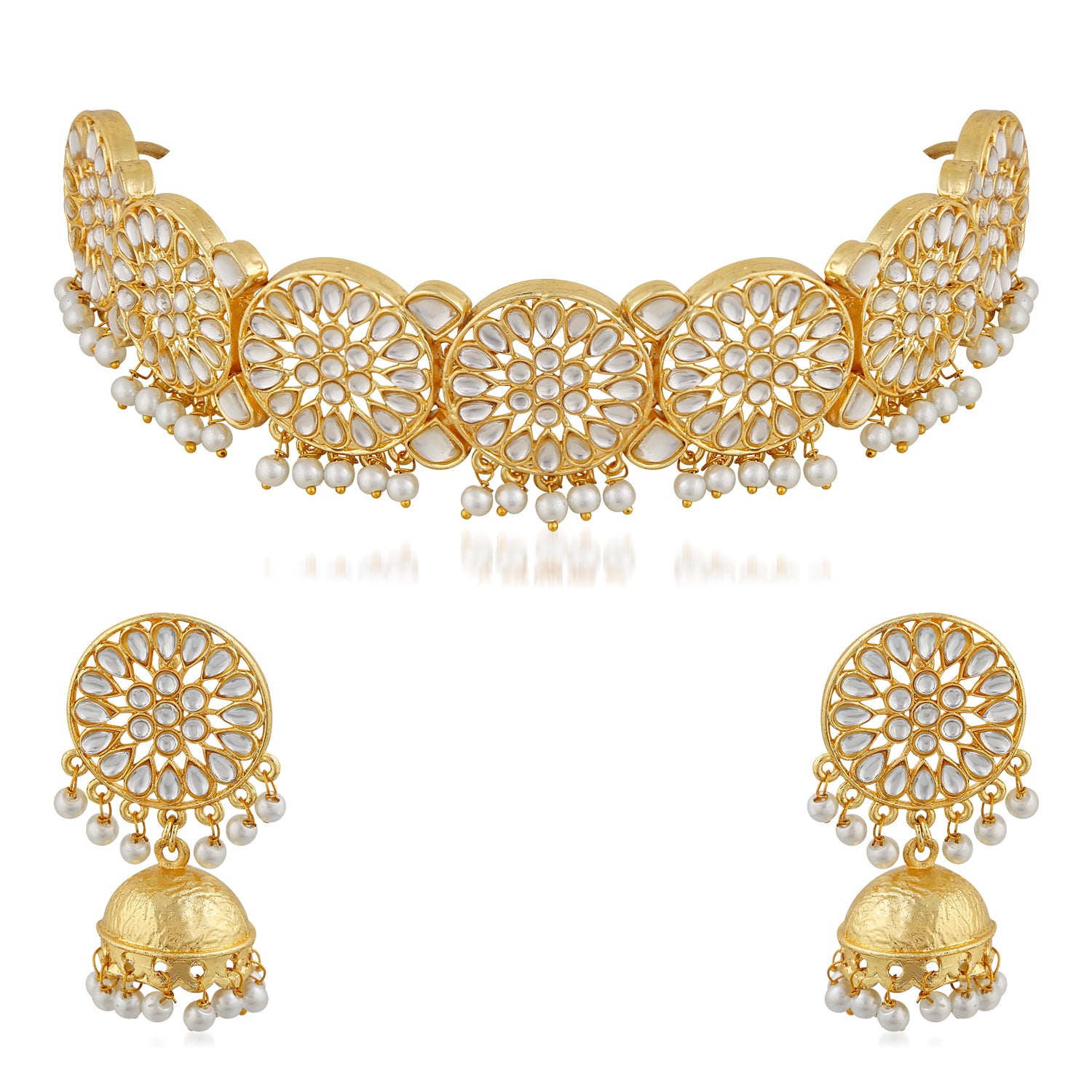 Traditional Gold Plated White Kundan Round shape Chokar Set