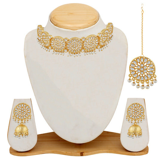 Traditional Gold Plated White Kundan Round shape Chokar Set