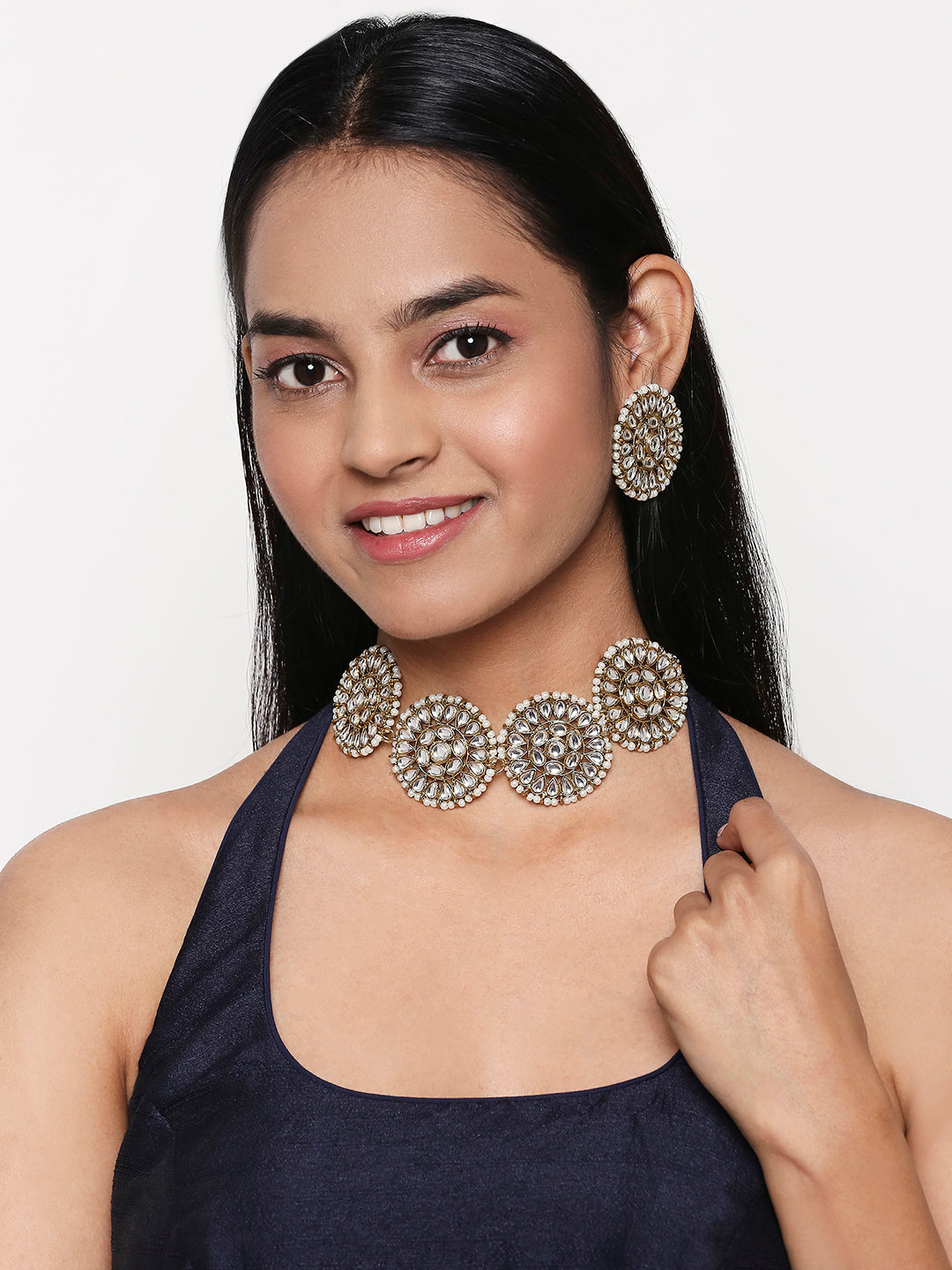 Ethnic Gold Plated White Kundan Round shape Chokar Set