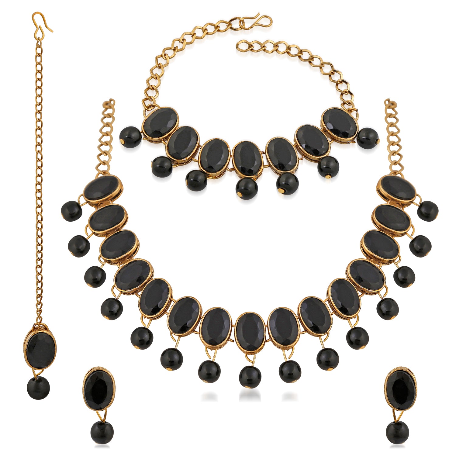 Ethnic Gold Plated Oval Shape Black Kundan Necklace set with Maang Tika and Bracelet