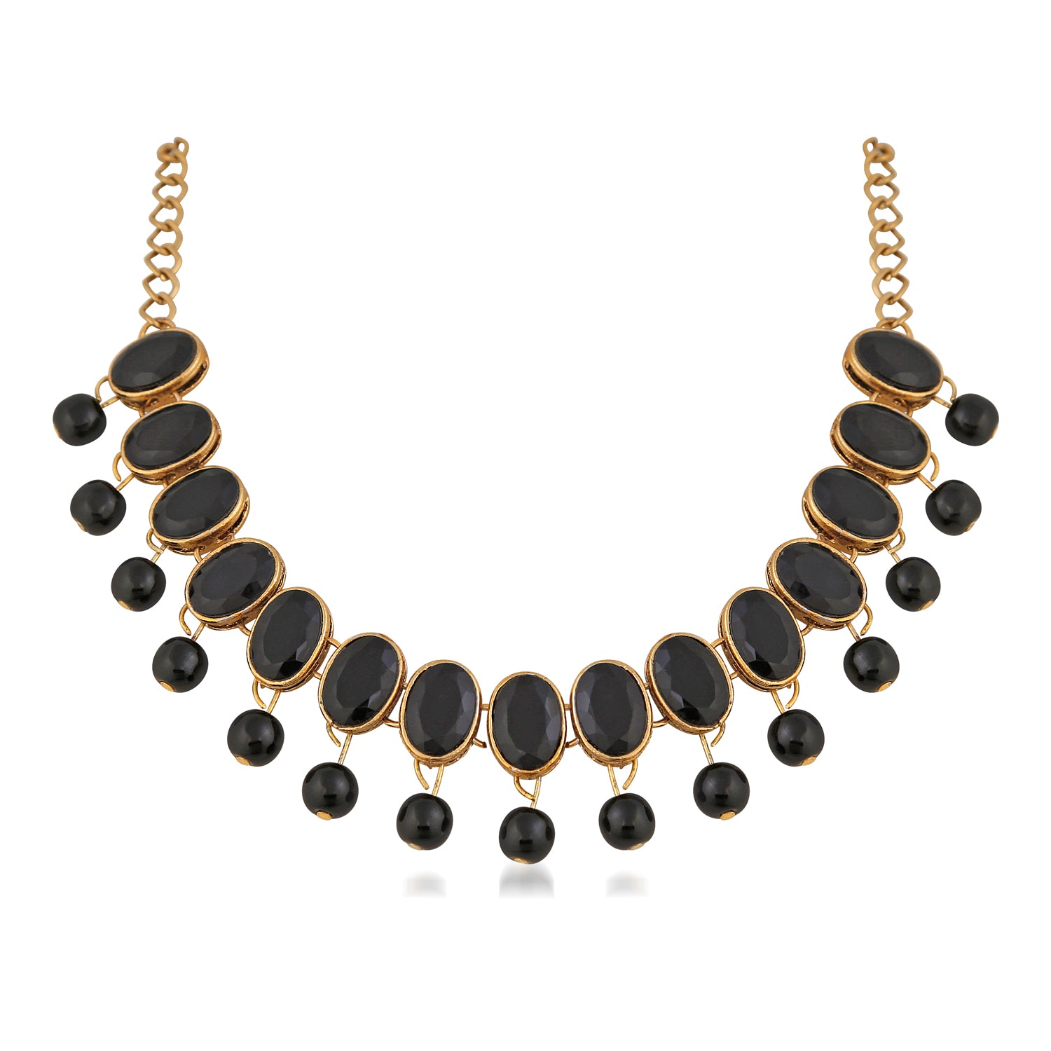 Ethnic Gold Plated Oval Shape Black Kundan Necklace set with Maang Tika and Bracelet