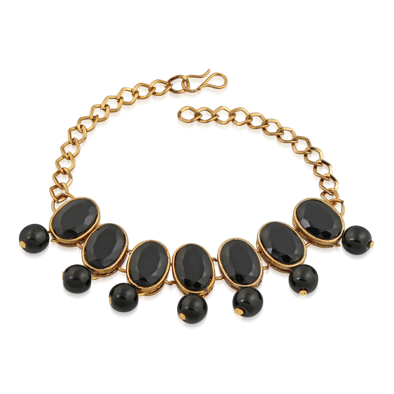 Ethnic Gold Plated Oval Shape Black Kundan Necklace set with Maang Tika and Bracelet