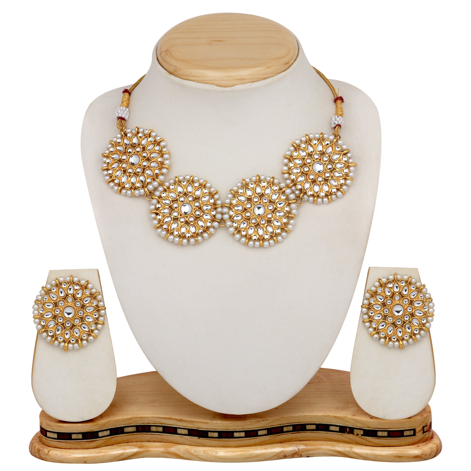 Ethnic Gold Plated White Kundan Round shape Chokar Necklace Set