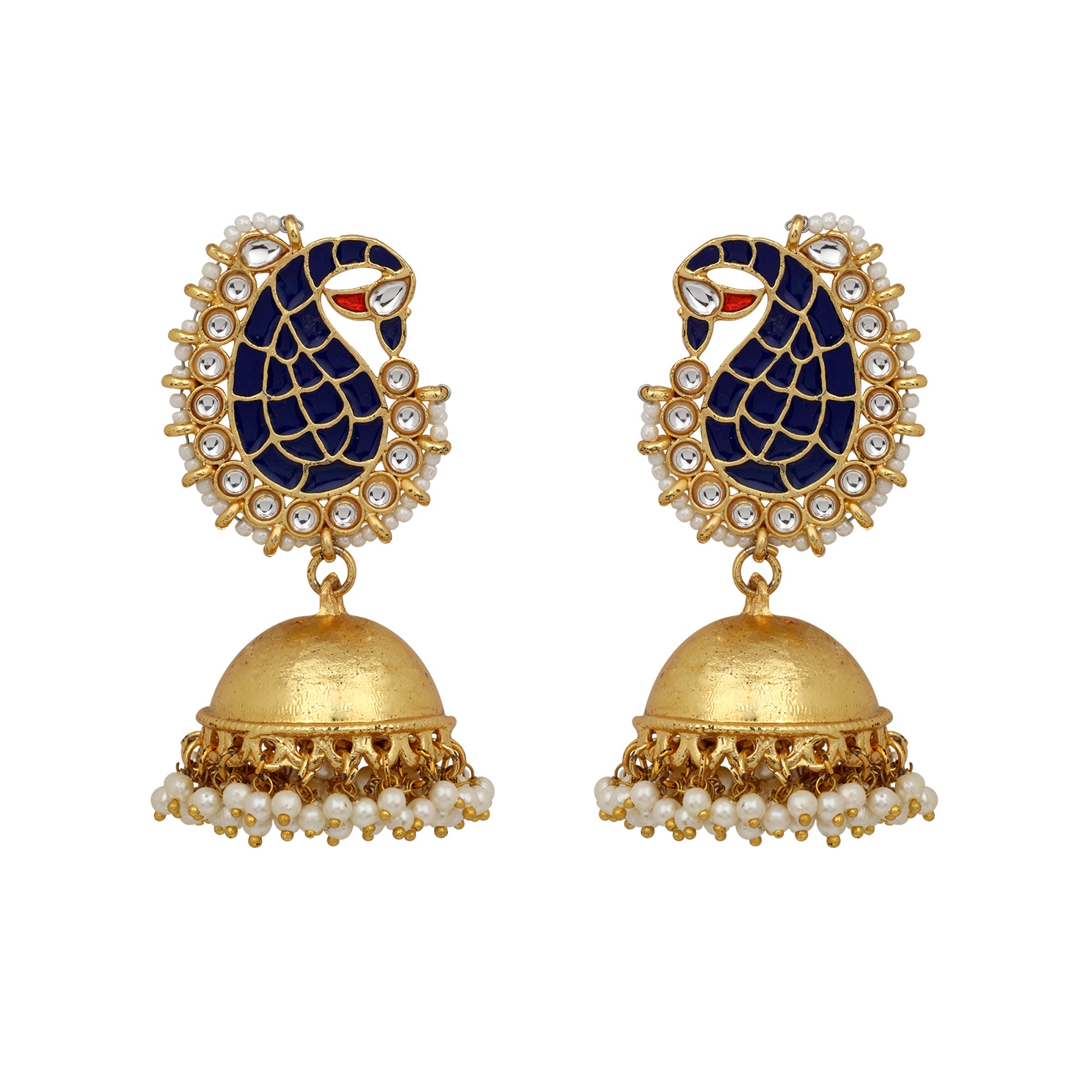 Traditional Gold Plated Peacock meenakari blue and white kundan Jhumki Earring