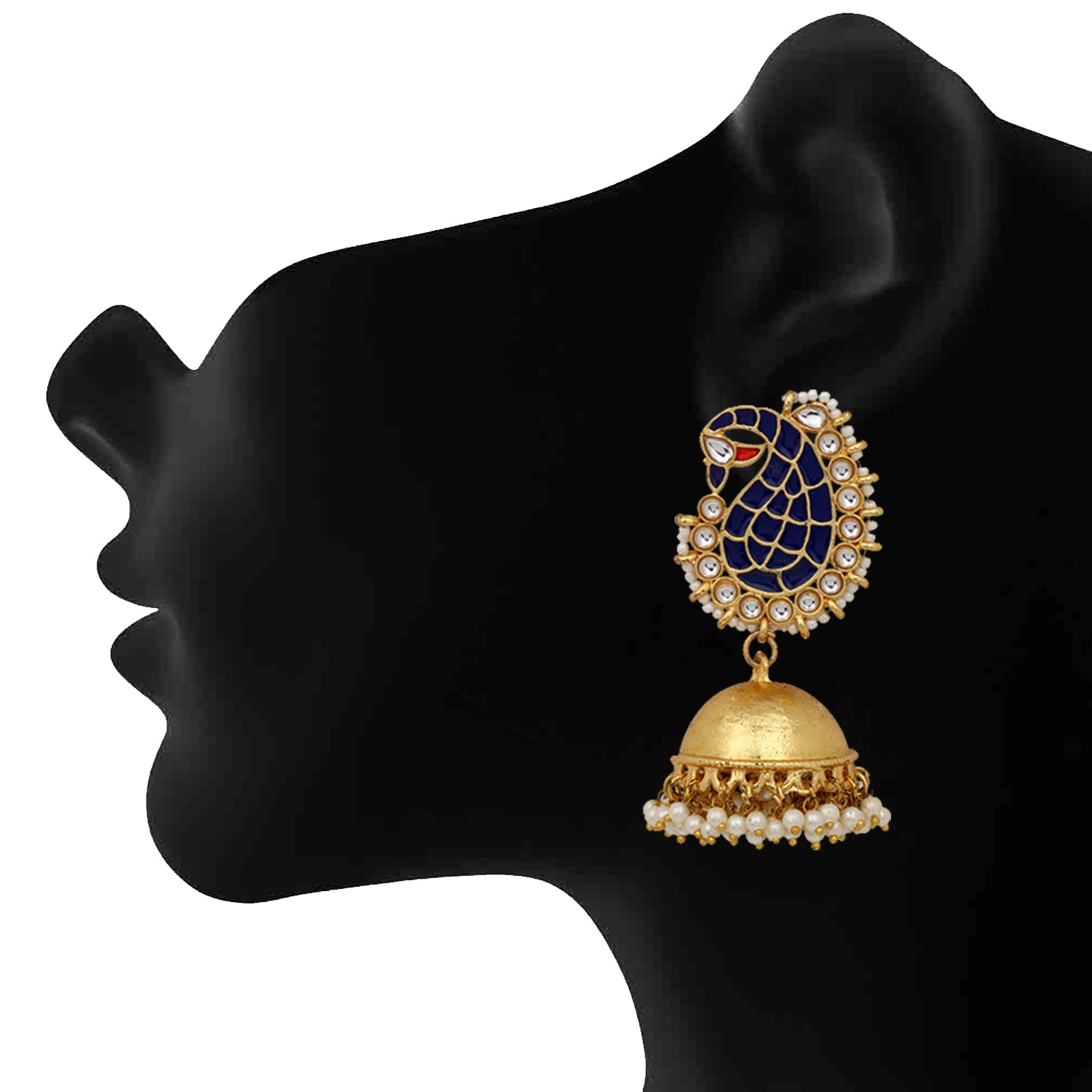 Traditional Gold Plated Peacock meenakari blue and white kundan Jhumki Earring