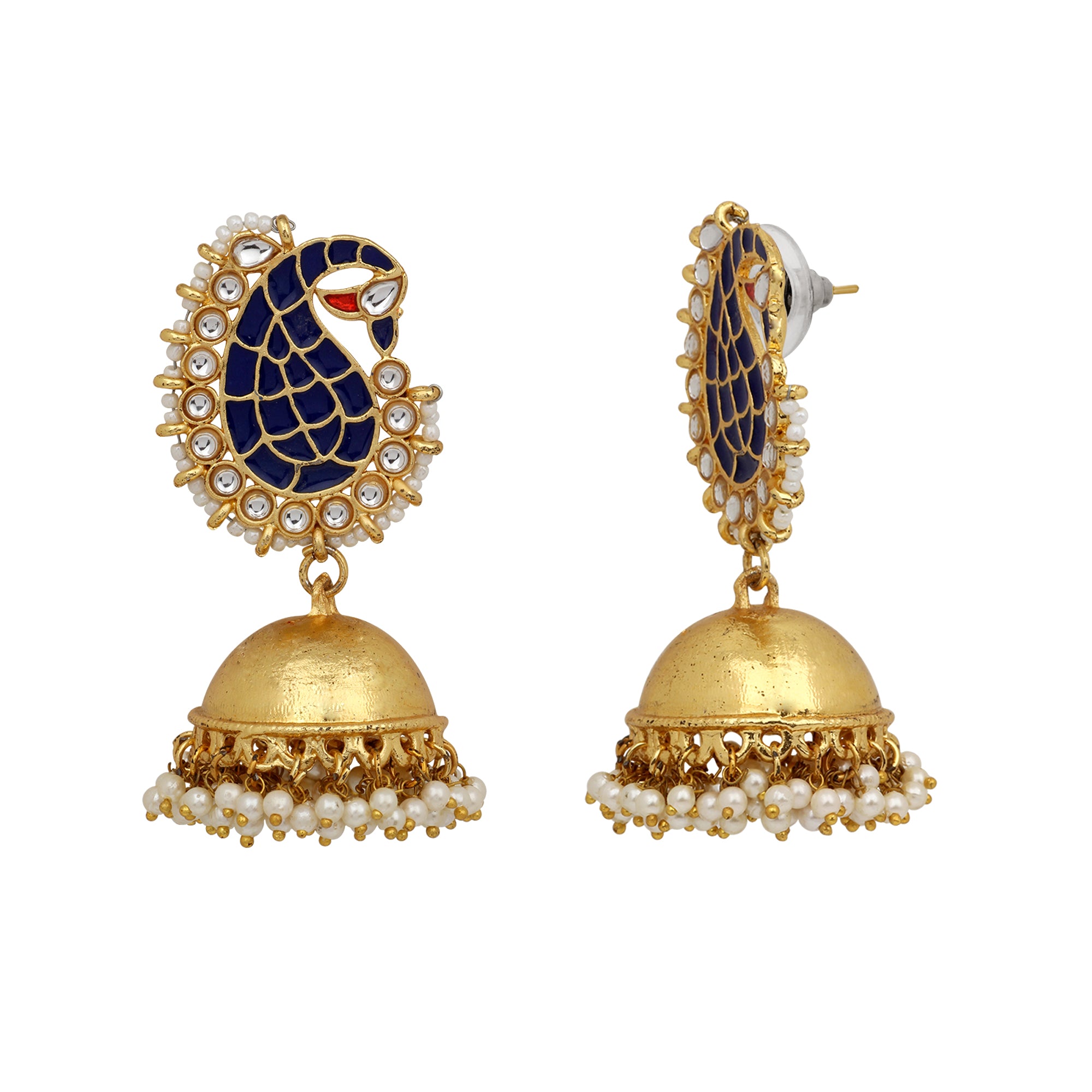 Traditional Gold Plated Peacock meenakari blue and white kundan Jhumki Earring