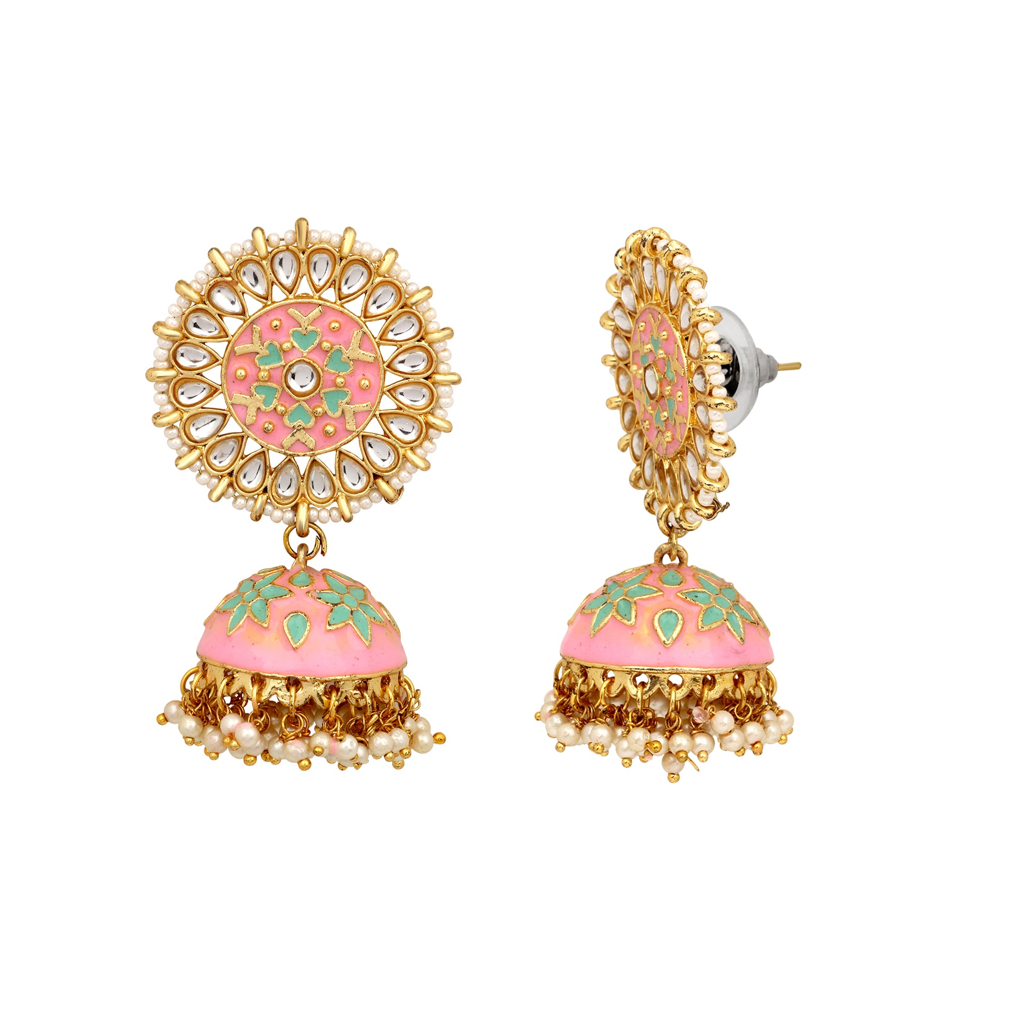 Ethinic Gold Plated Pink and Firozi meenakari kundan Jhumki Earring