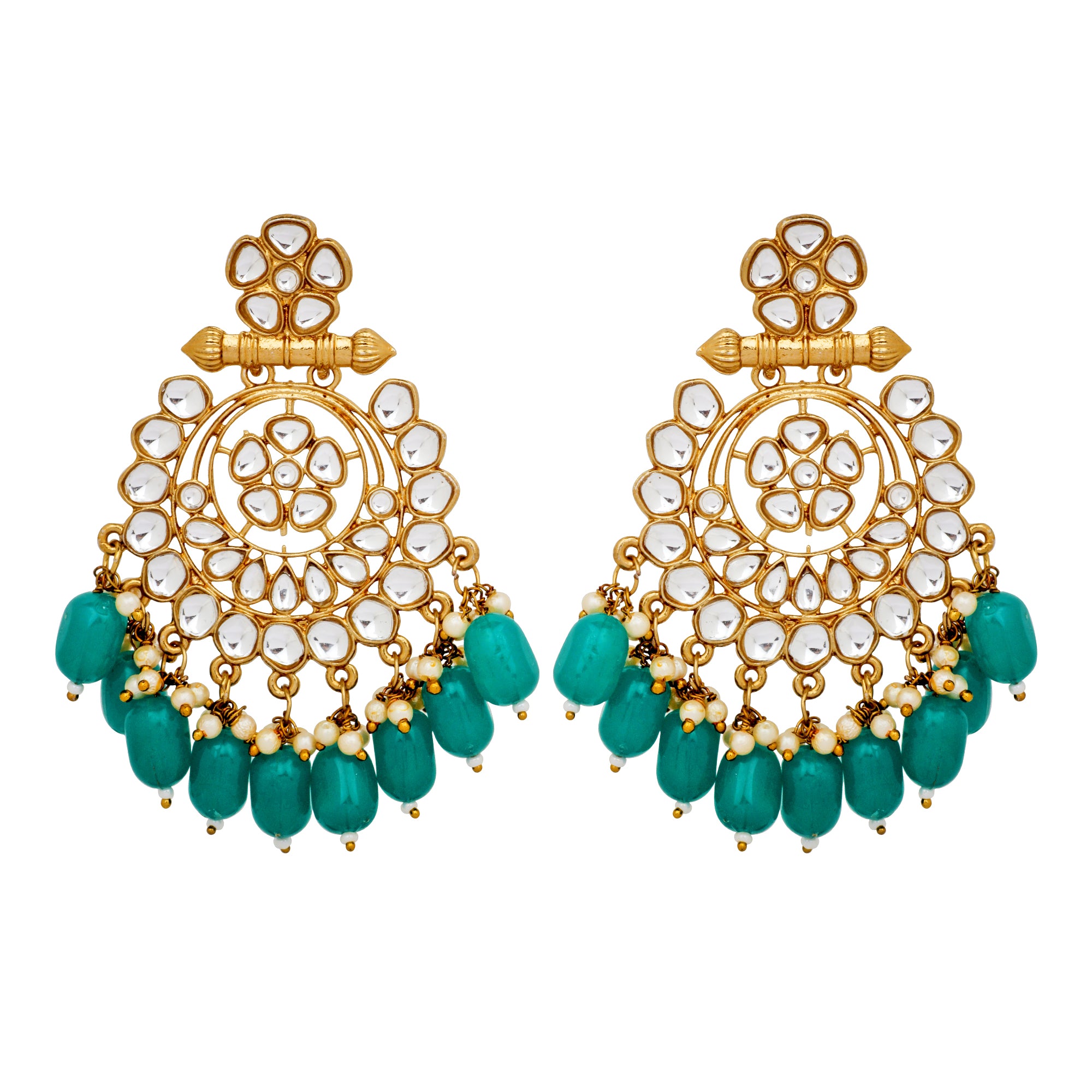 Traditional Gold Plated Green Beads and White Kundan Chandbali Earring