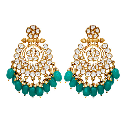 Traditional Gold Plated Green Beads and White Kundan Chandbali Earring