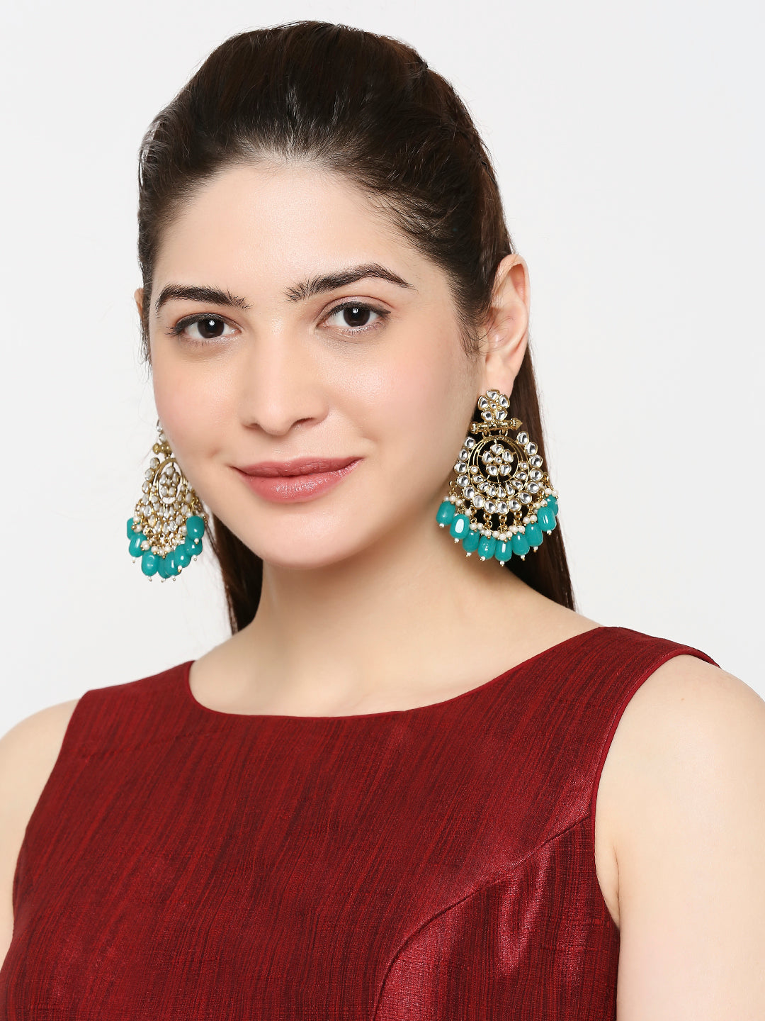 Traditional Gold Plated Green Beads and White Kundan Chandbali Earring