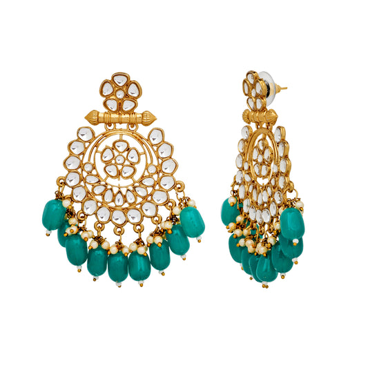 Traditional Gold Plated Green Beads and White Kundan Chandbali Earring