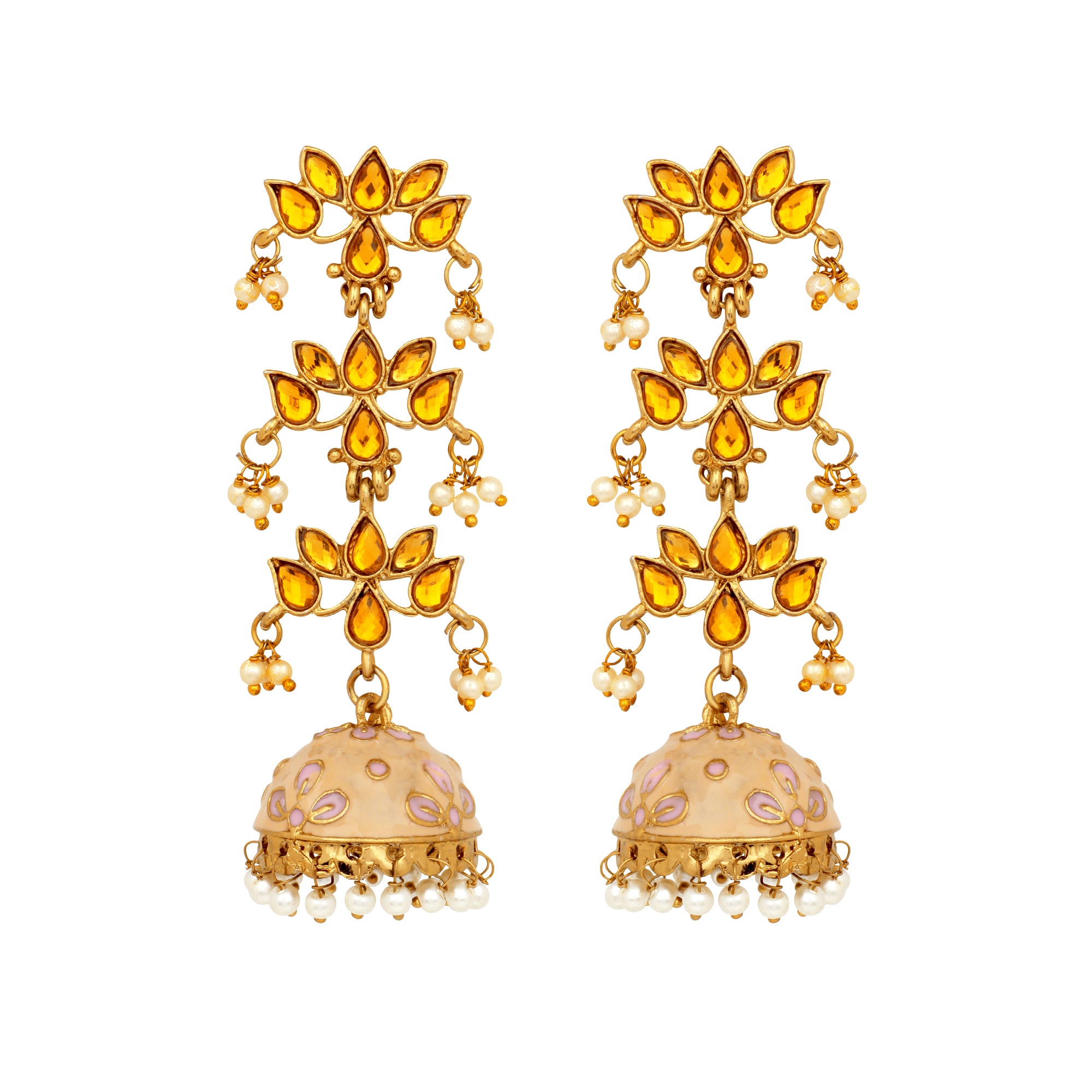 Traditional Gold Plated Light Pink Meenakari White Kundan Jhumki Earring