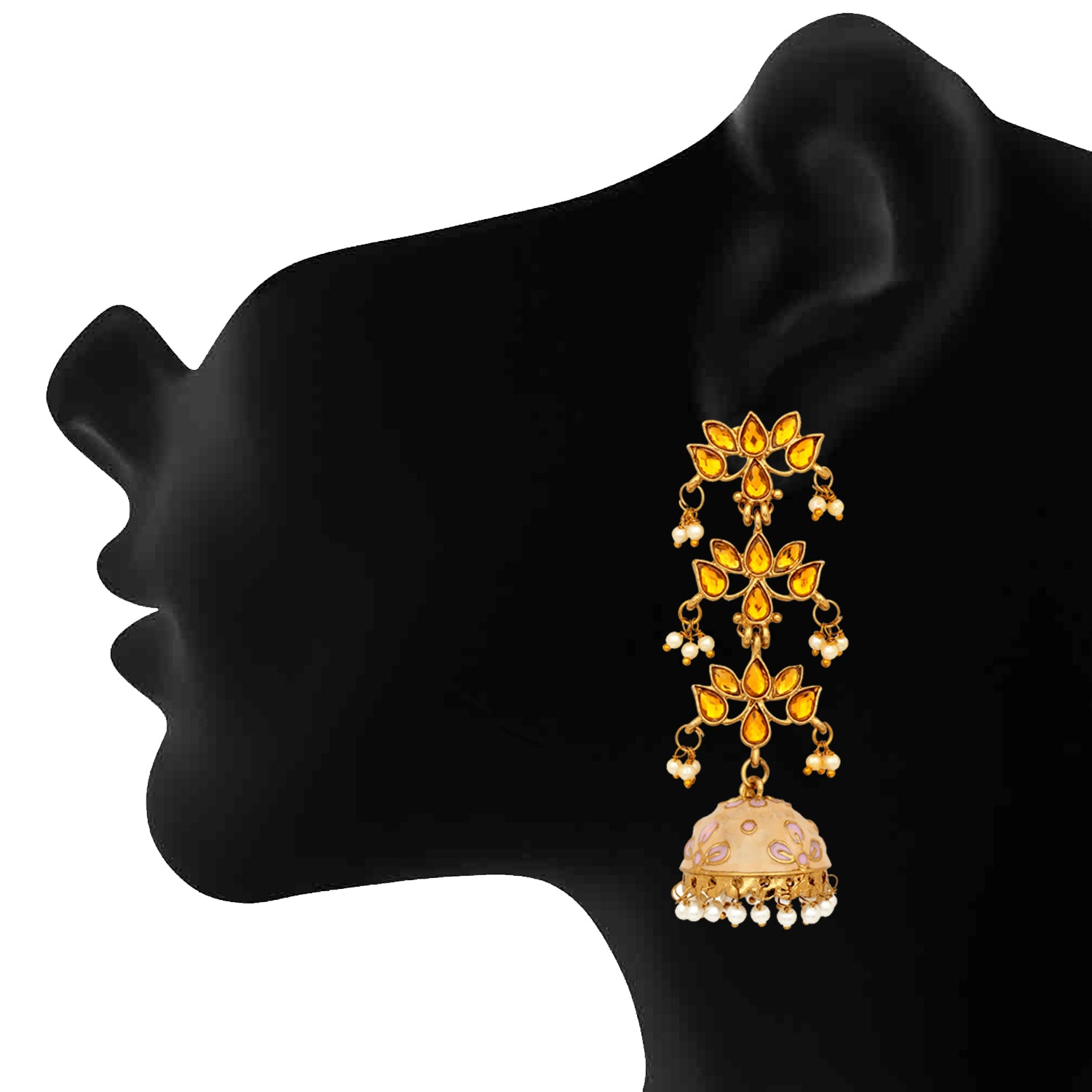 Traditional Gold Plated Light Pink Meenakari White Kundan Jhumki Earring
