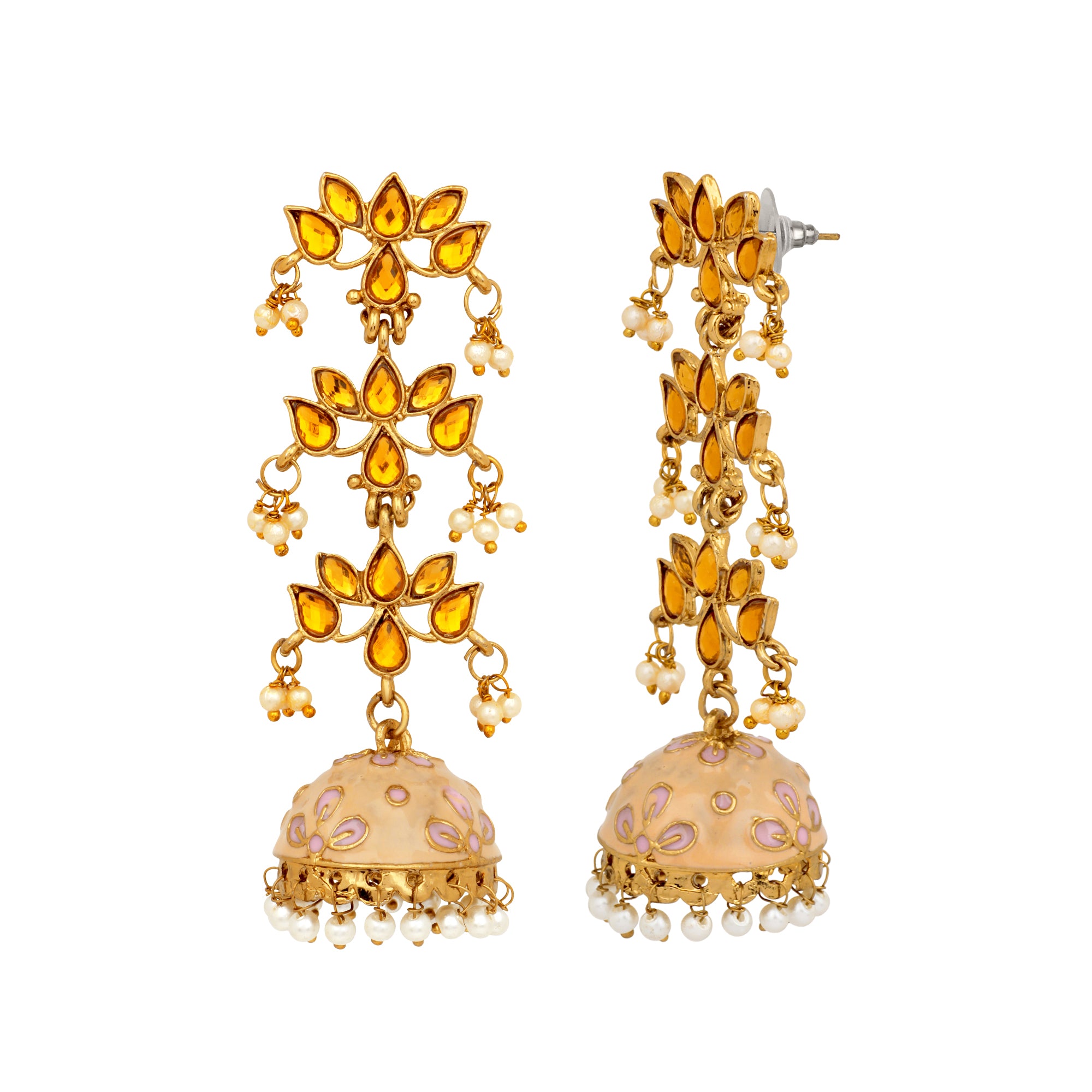 Traditional Gold Plated Light Pink Meenakari White Kundan Jhumki Earring
