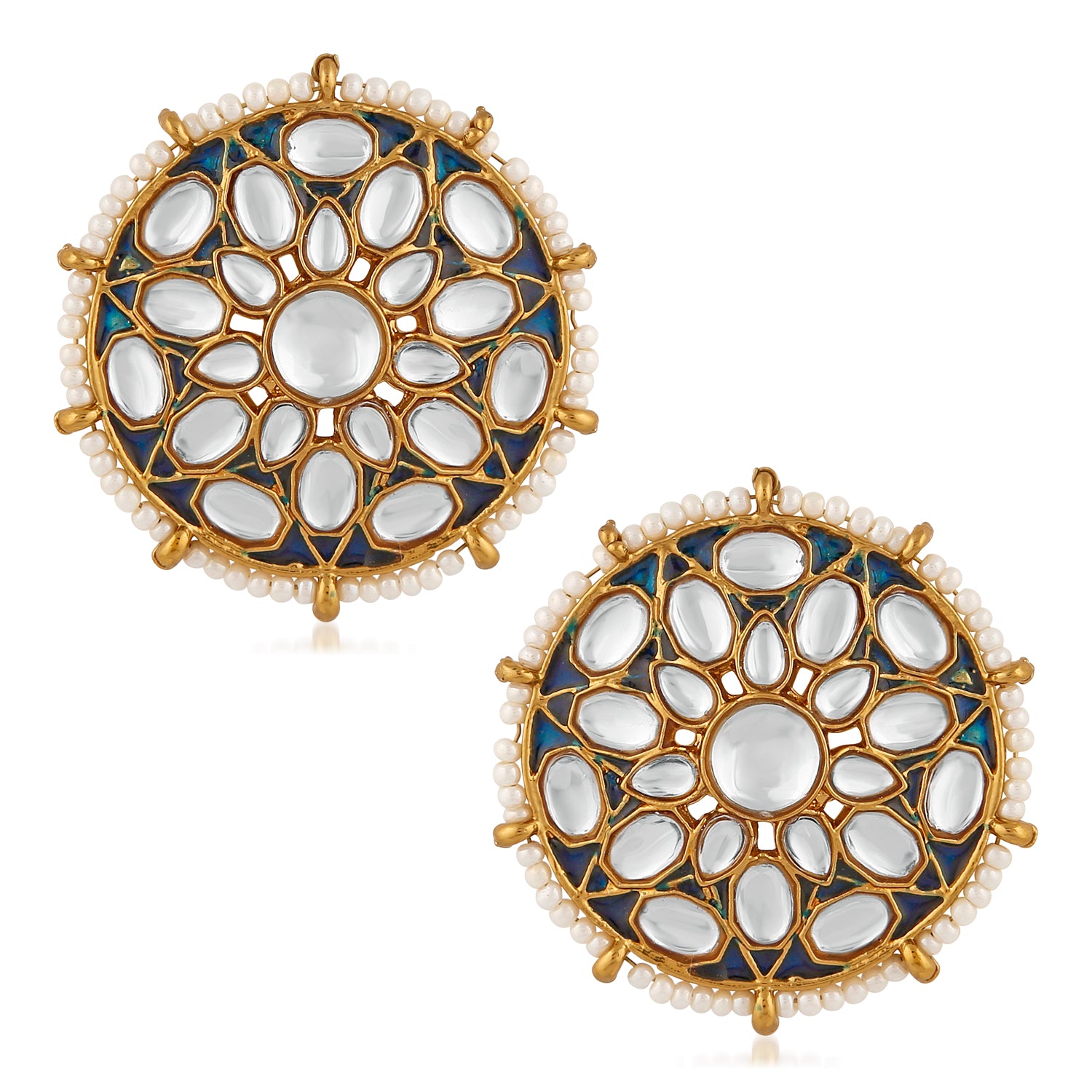 Traditional Meenakari White and Blue Kundan Circular Stud Earring
