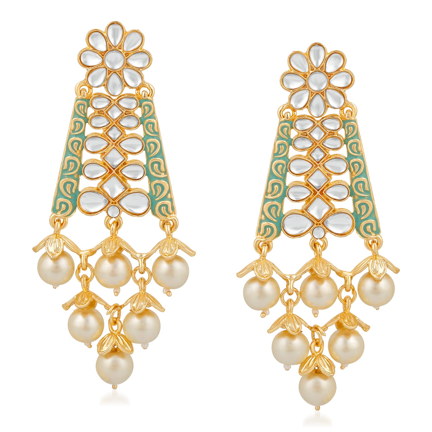 Ethnic White Kundan Floral Triangular Green Meenakari Work Dangler Earring