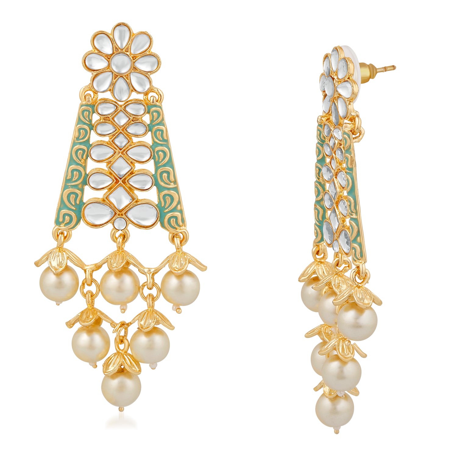 Ethnic White Kundan Floral Triangular Green Meenakari Work Dangler Earring
