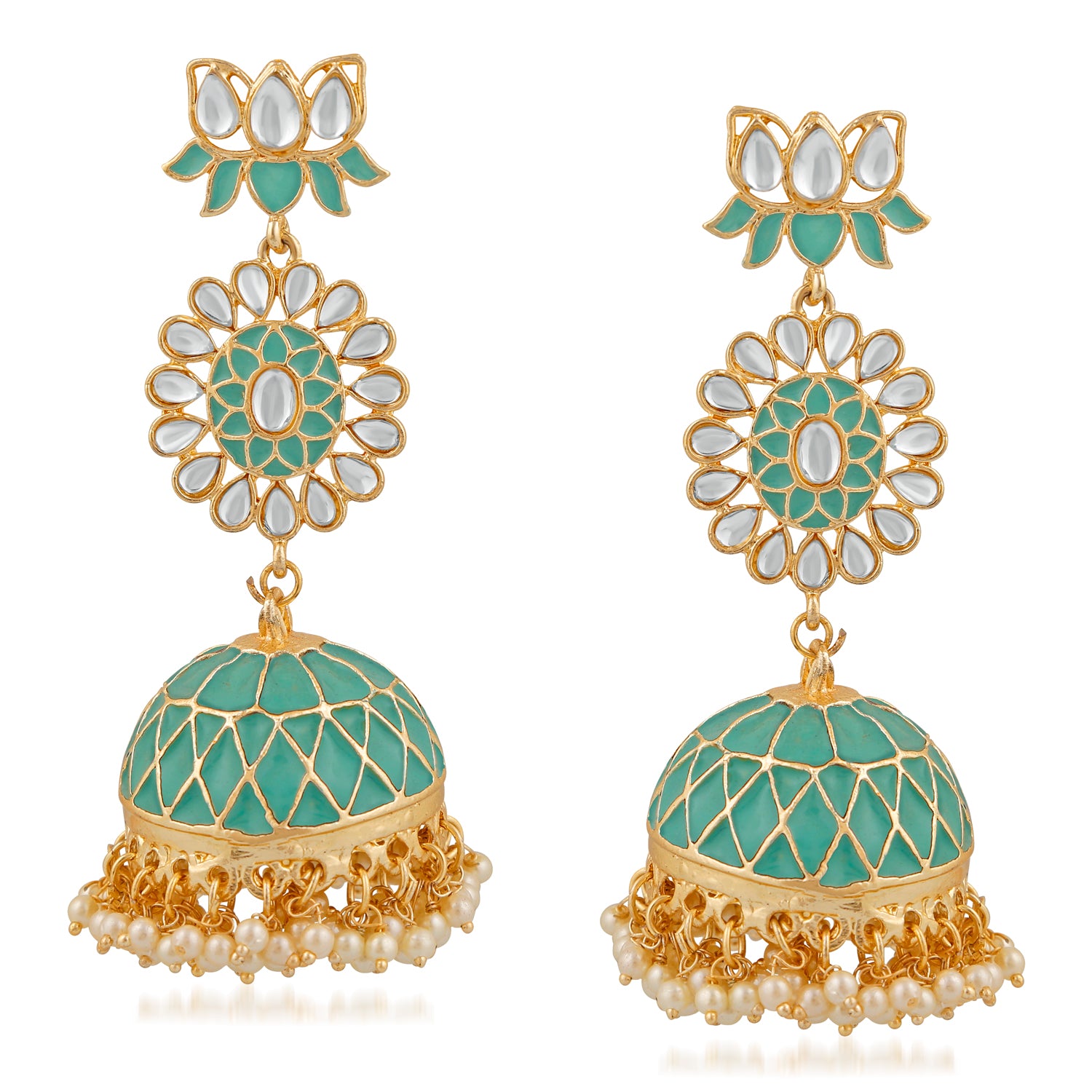 Ethnic White Kundan Lotus Flower Shaped Green Meenakari Work Dangler Jhumki Earring