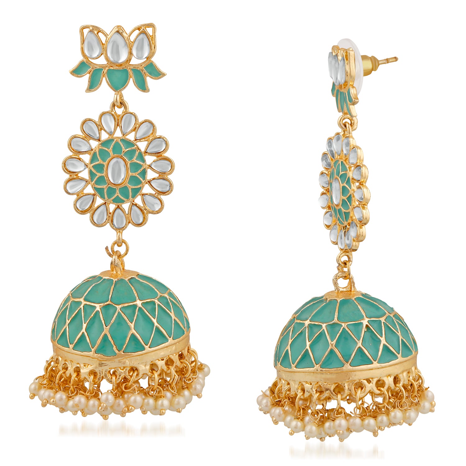Ethnic White Kundan Lotus Flower Shaped Green Meenakari Work Dangler Jhumki Earring