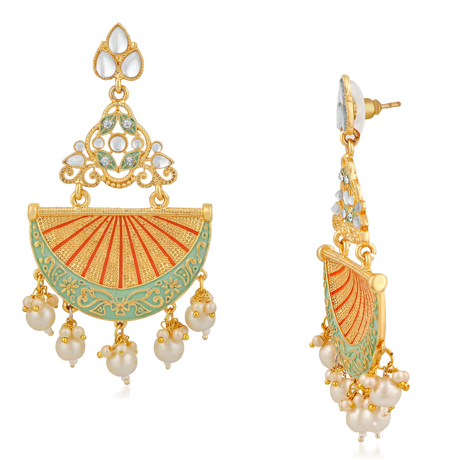 Traditional White Kundan Dangler Earring with Meenakri Work