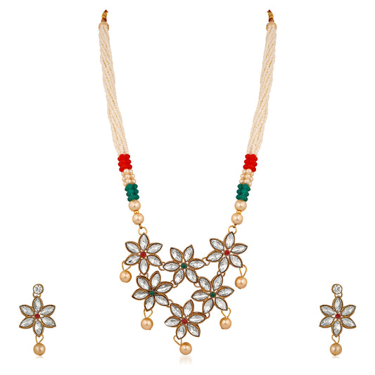 Floral Design Ethnic Necklace Set with Kundan and Artifical Pearl