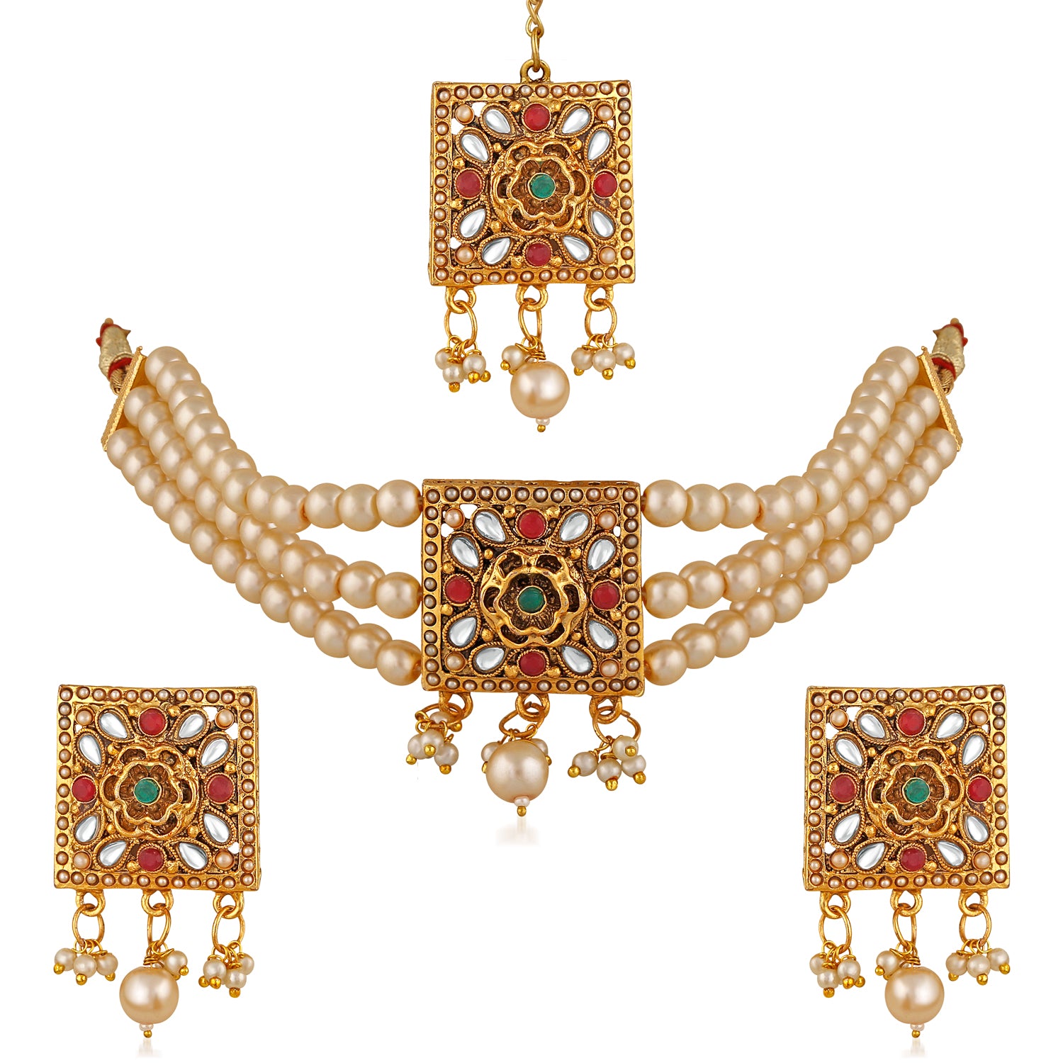 Traditional Choker Necklace Jewellery Set with Kundan and Artificial Pearl