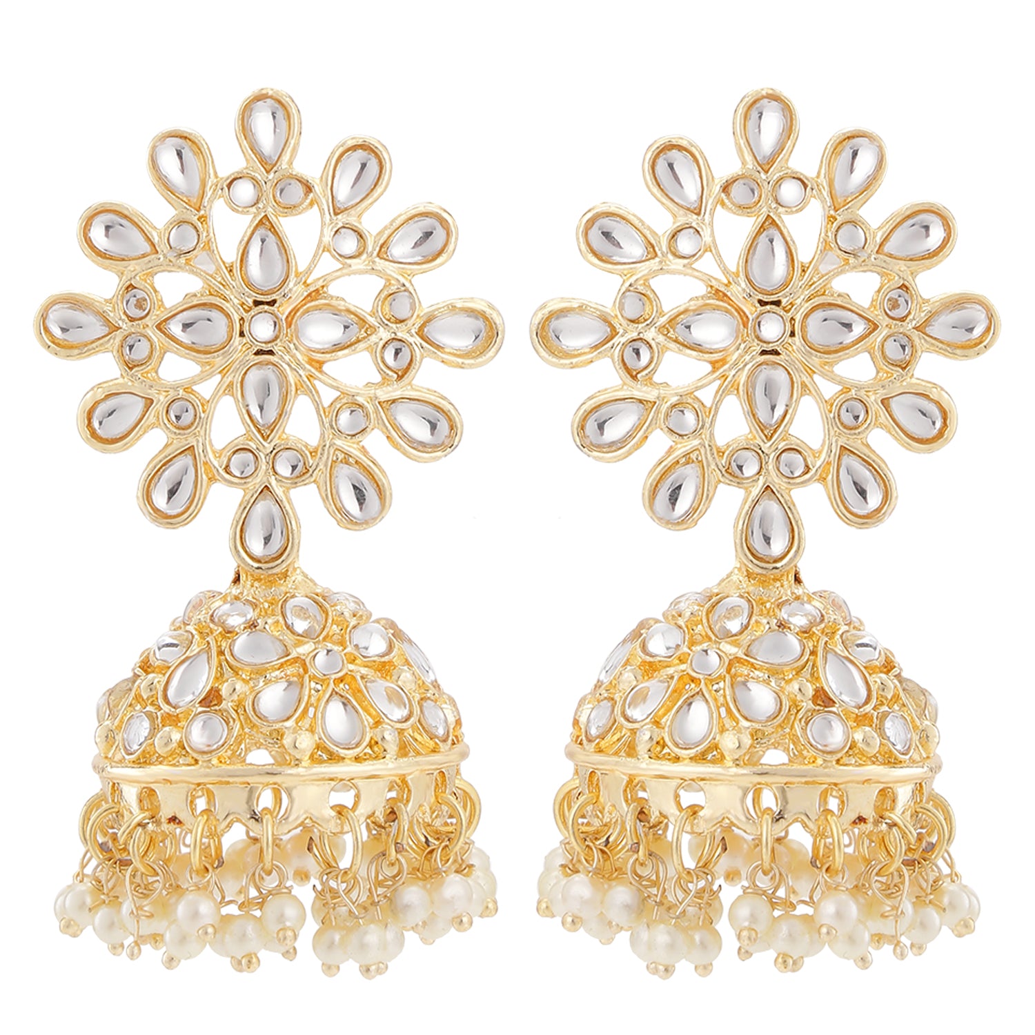 Traditional Ethnic White Kundan Floral Jhumka Earrings