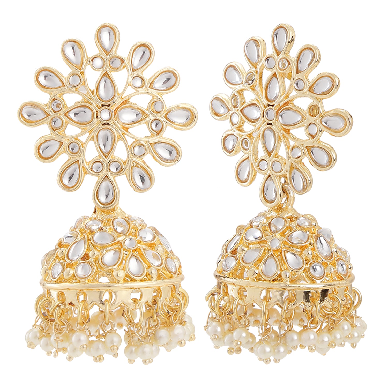 Traditional Ethnic White Kundan Floral Jhumka Earrings