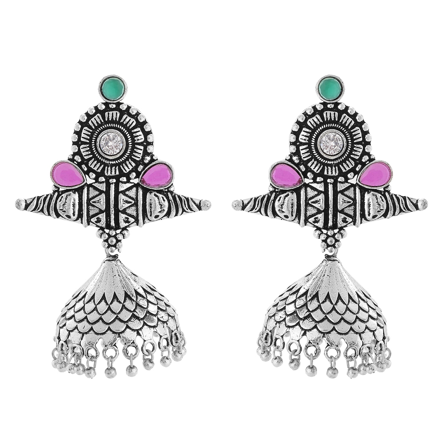 Traditional Oxidised Pink and Green Kundan Jhumki Earrings