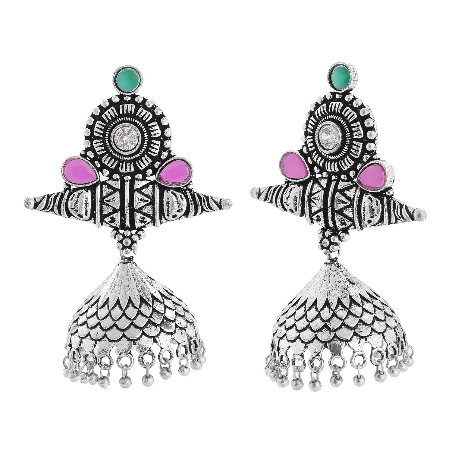 Traditional Oxidised Pink and Green Kundan Jhumki Earrings