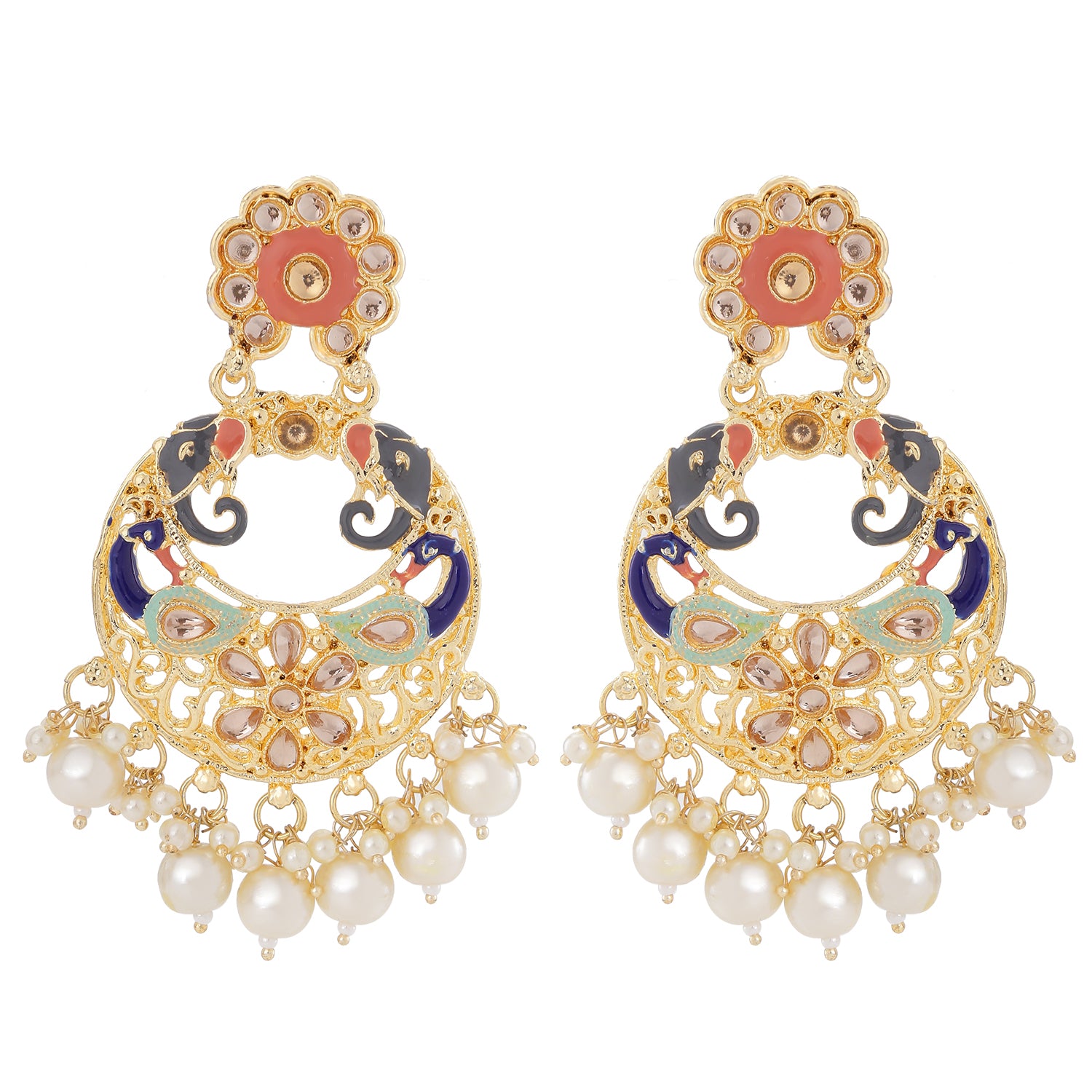 Meenakari Work Enamelled Elephant Face Shaped Artificial Pearl Dangler Earrings