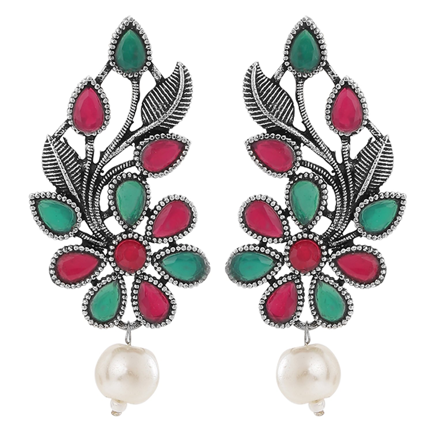 Oxidised Plaitng Red and Green Kundan Floral Dangler Earrings