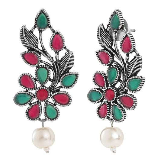 Oxidised Plaitng Red and Green Kundan Floral Dangler Earrings