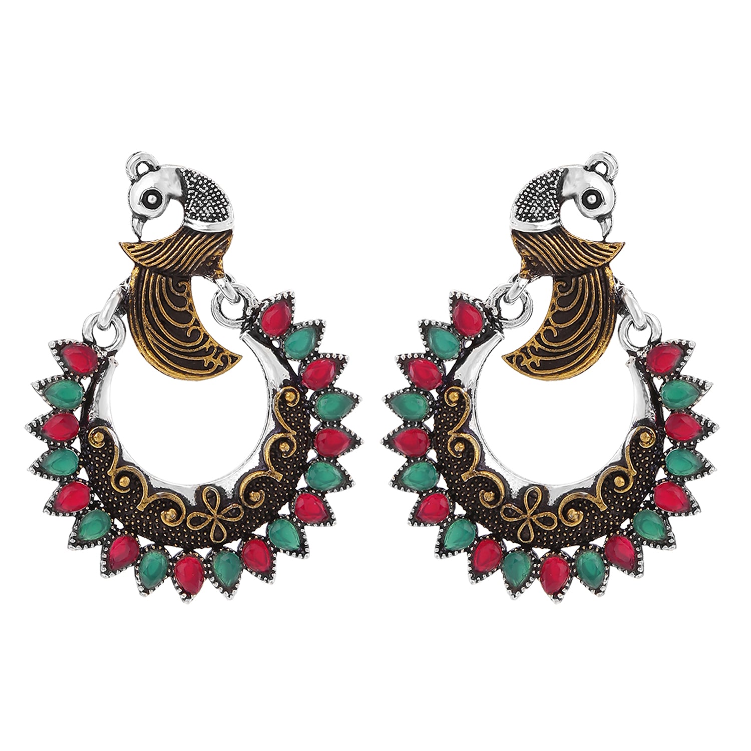 Two Tone Peacock Face Shaped Red and Green Kundan Dangler Earrings