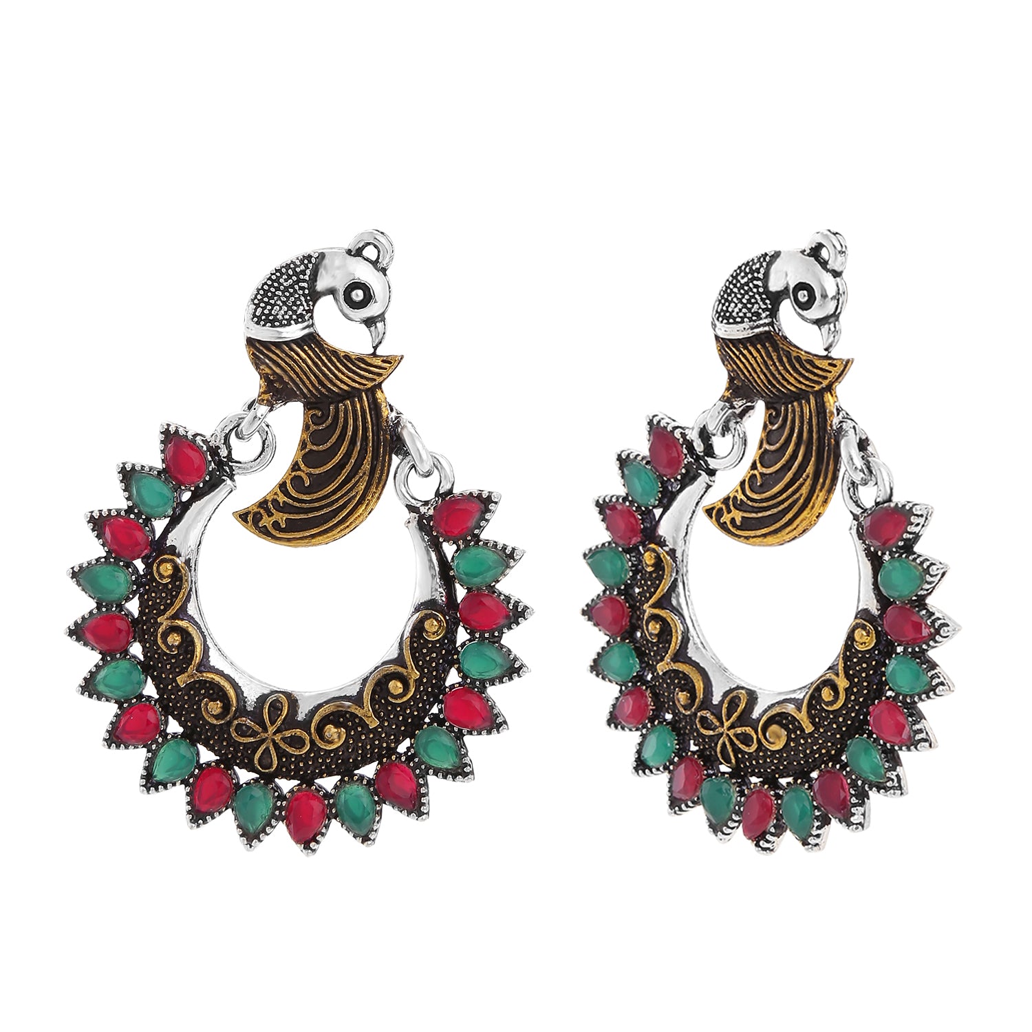 Two Tone Peacock Face Shaped Red and Green Kundan Dangler Earrings