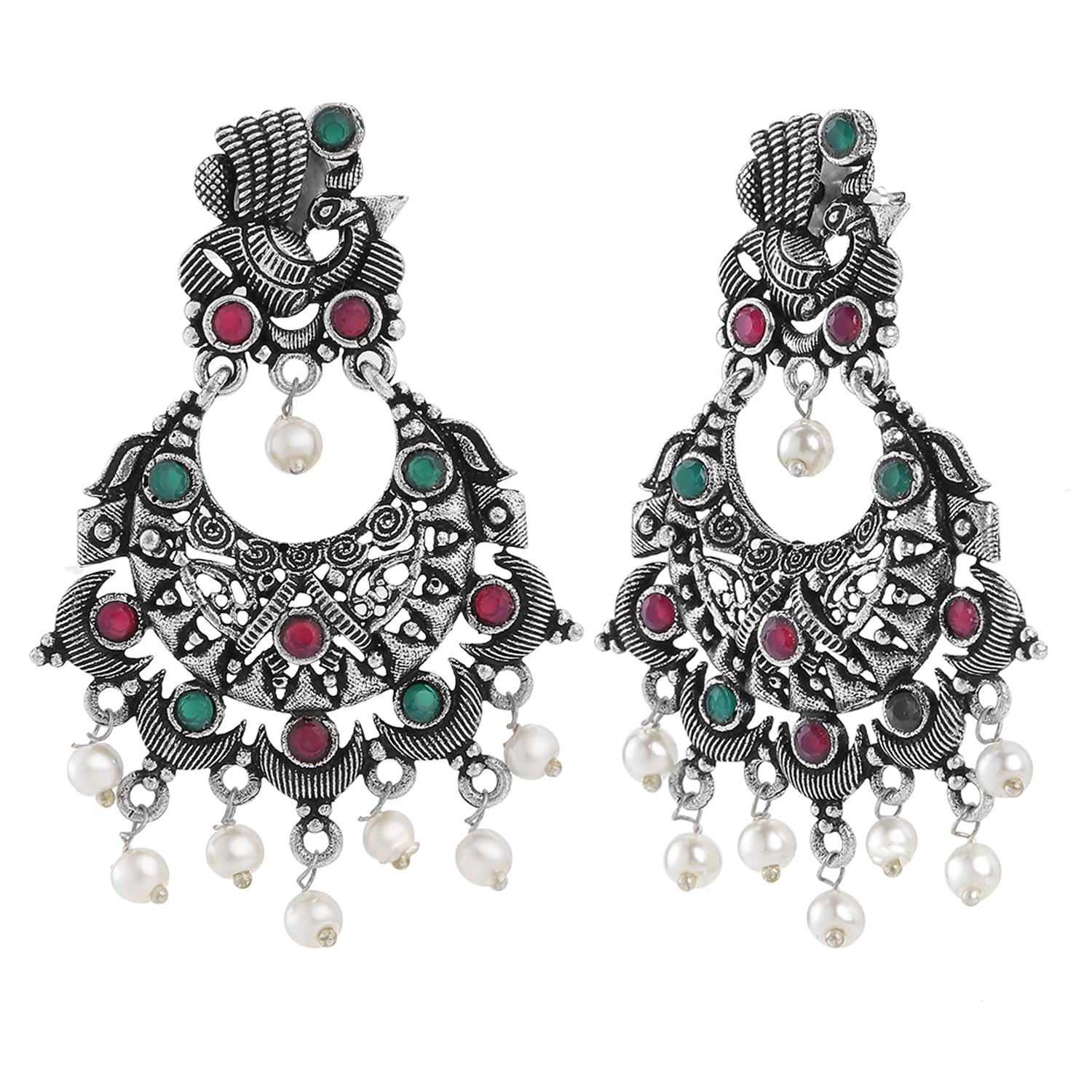 Oxidised Peacock Face Shaped Red and Green Kundan Dangler Earrings